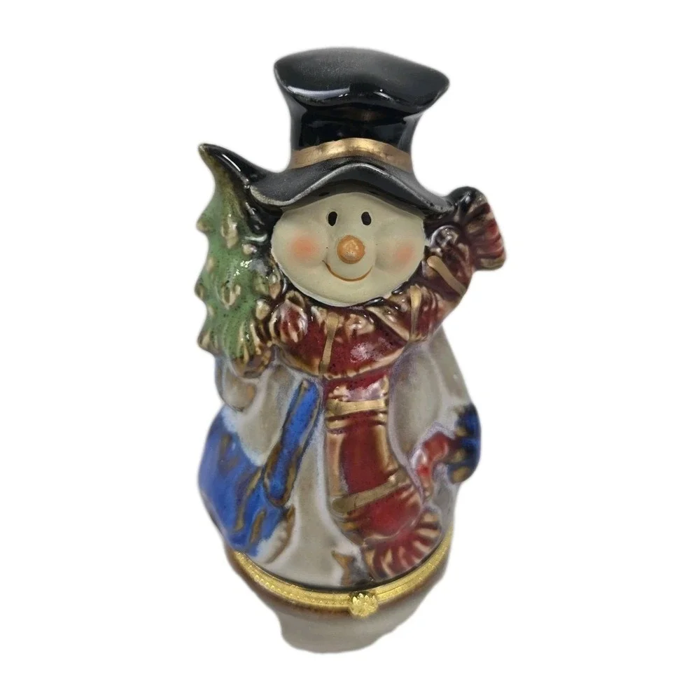 VTG Porcelain Hand Painted Snowman Hinged Trinket Box w Gold Tone Clasp 5